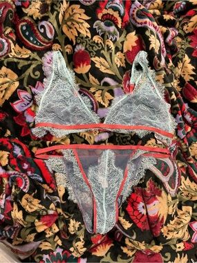 #153 Victoria's Secret Light Blue Lace Triangle Bralette and Thong Set